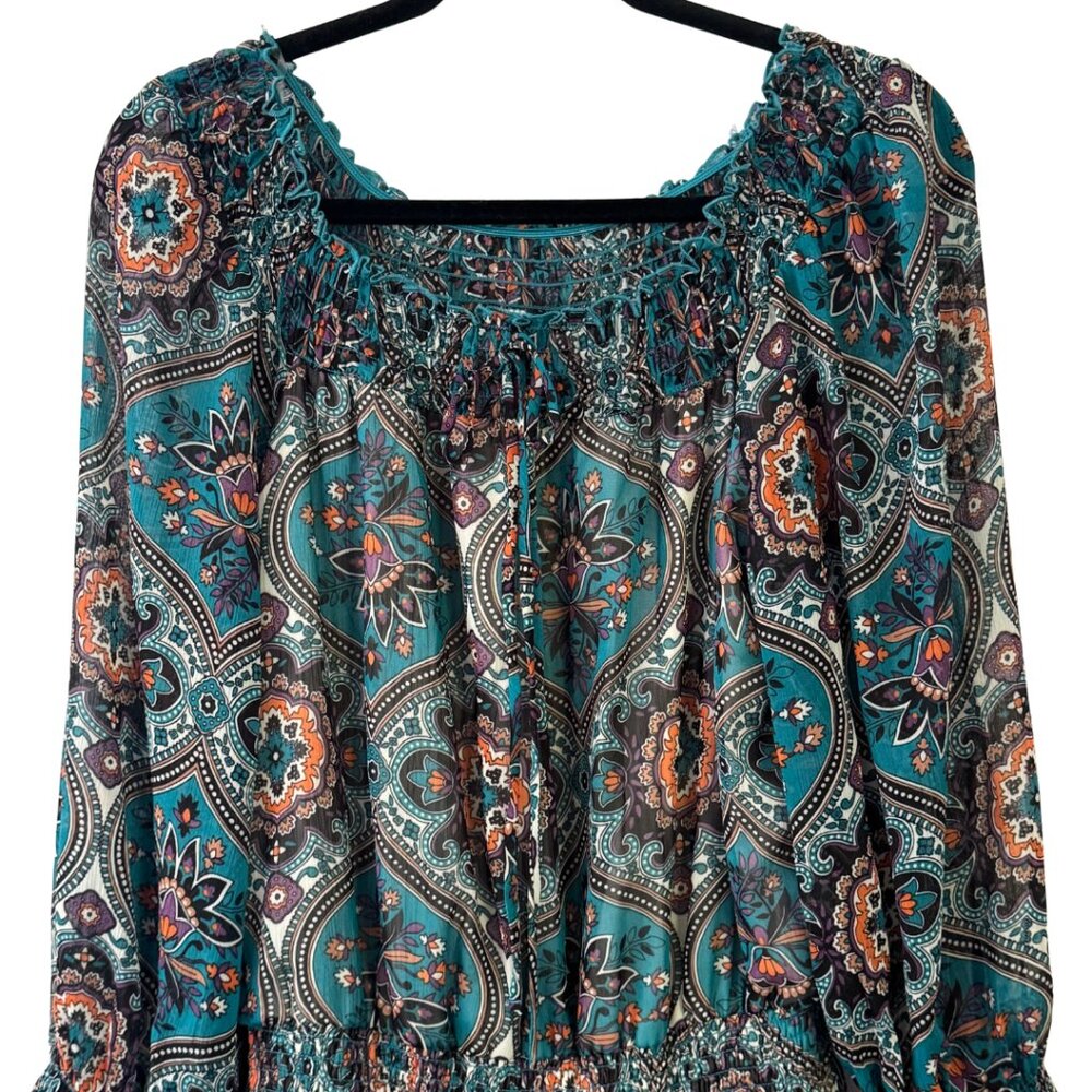 Xhilaration Long Sleeve Paisley Dress Smocked Neckline Ruffled Hem Size XL NEW - Picture 4 of 10